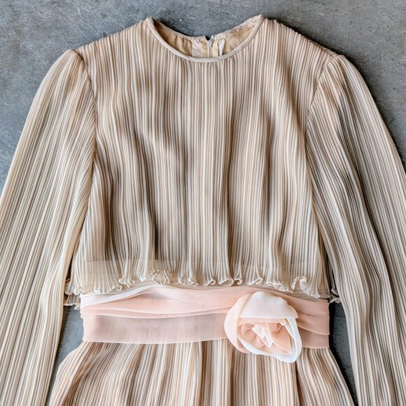 Vintage Miss Elliette Tan Beige Pleated Crinkle Maxi Dress Gown - Picture 3 of 13